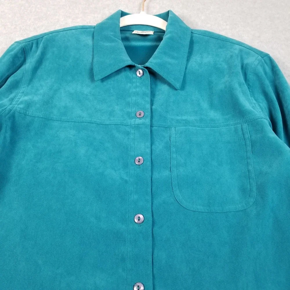 Allison Daley Button Up Shirt Women 12 Green Faux Suede Long Sleeve Collared Top
